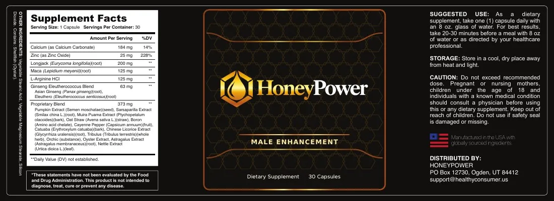 HoneyPower Supplement Facts label with suggested use and storage